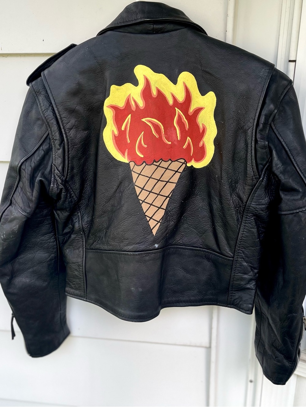 Vintage Custom painted Cropped Moto Biker Leather Jacket Motorcycle XS S